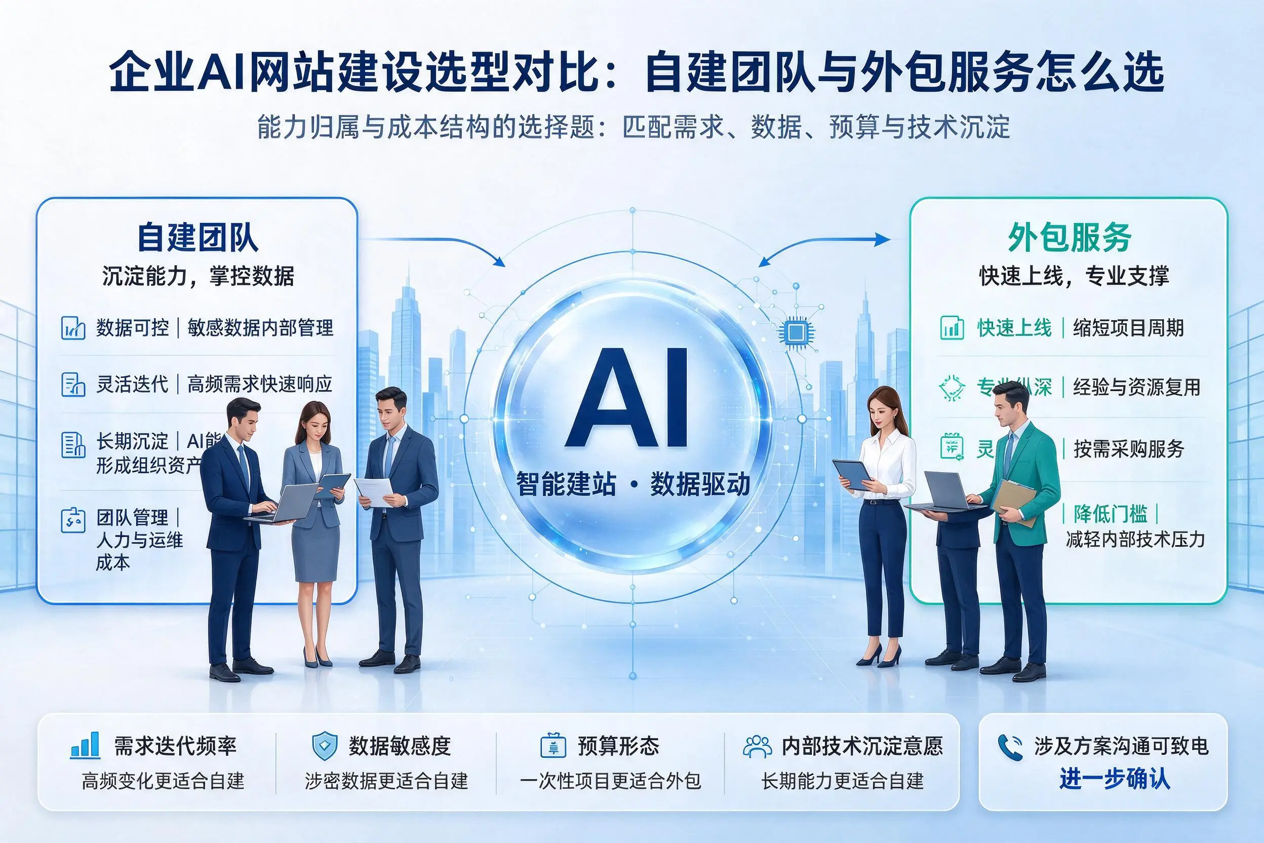 淮安企业AI网站建设选型对比:自建团队与外包服务怎么选